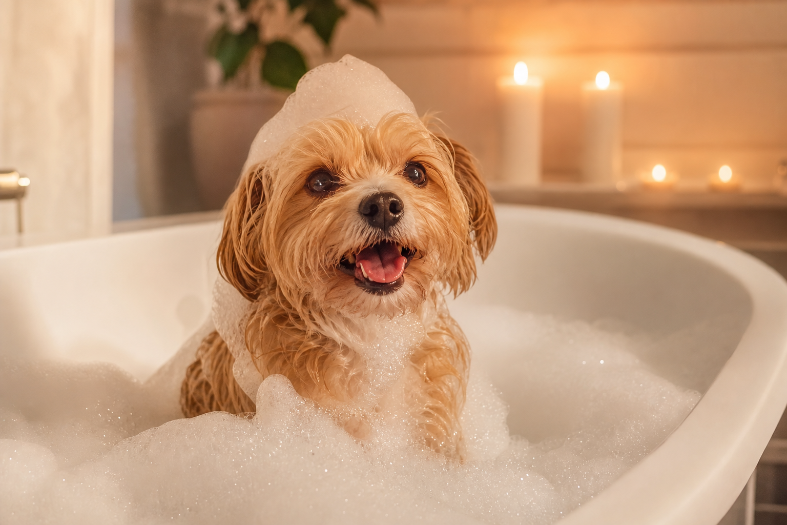 A dog being lathered during a bath