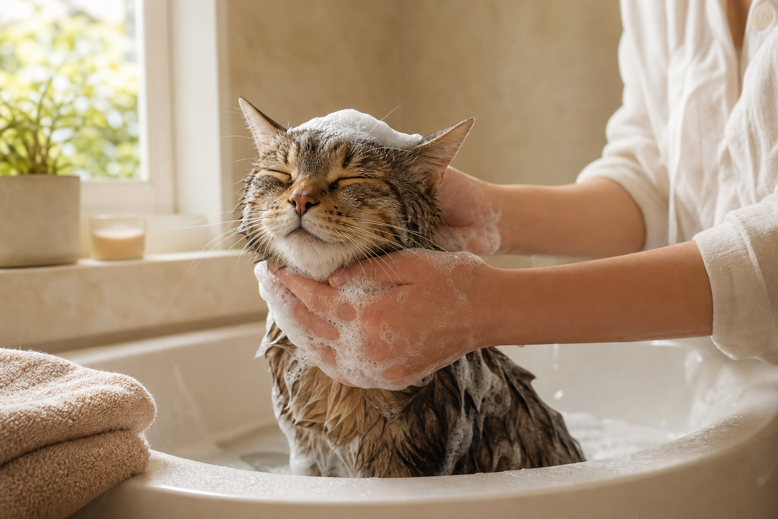 Conditioning a calm cat after washing