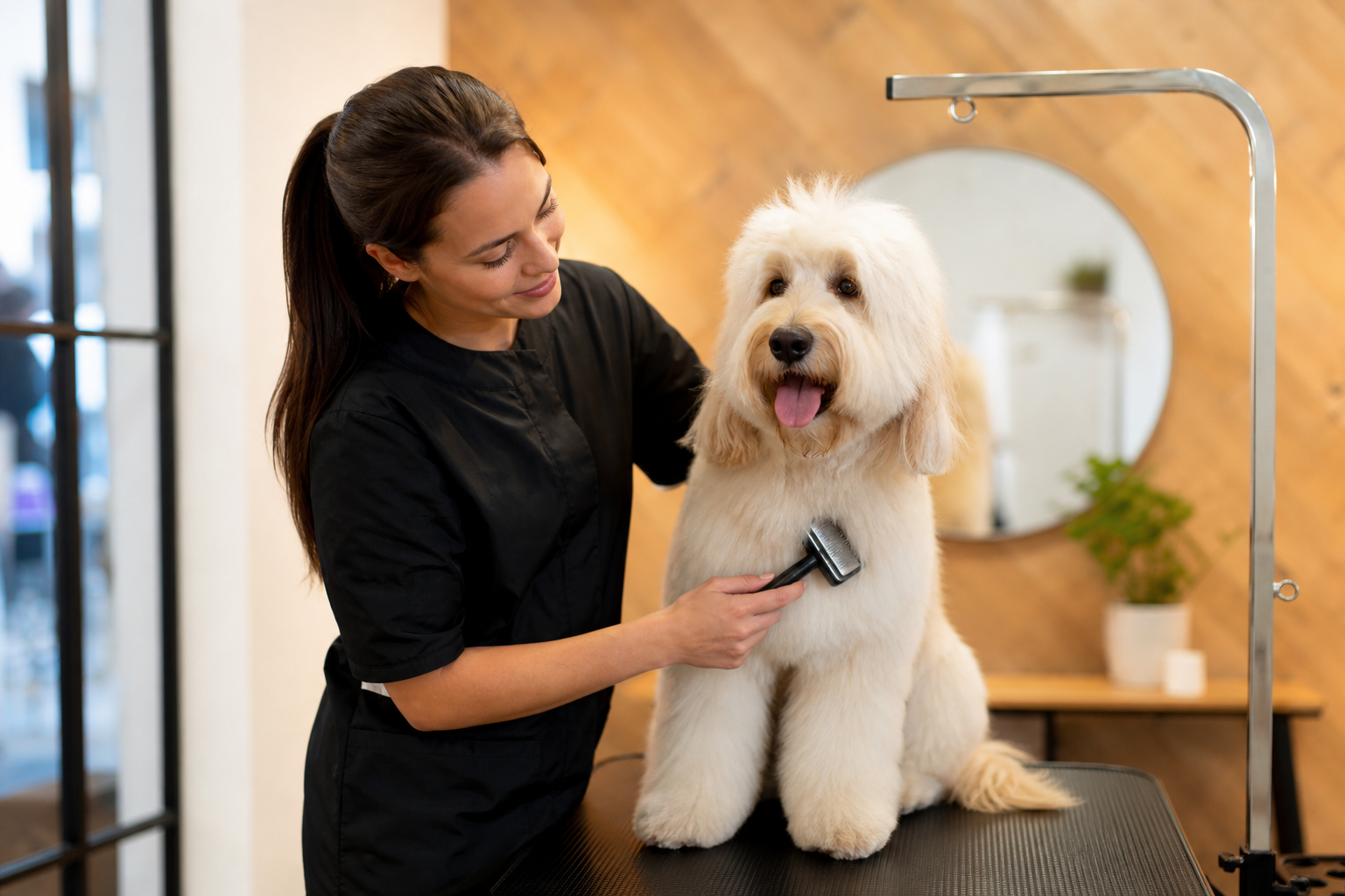 A small dog being groomed and brushed at a salon