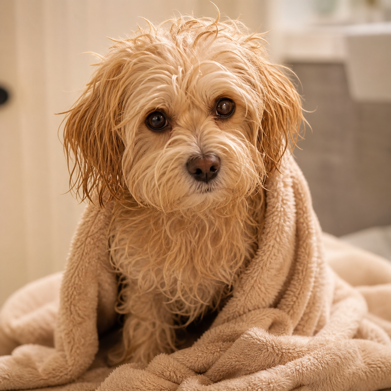 A freshly washed dog wrapped in a soft towel