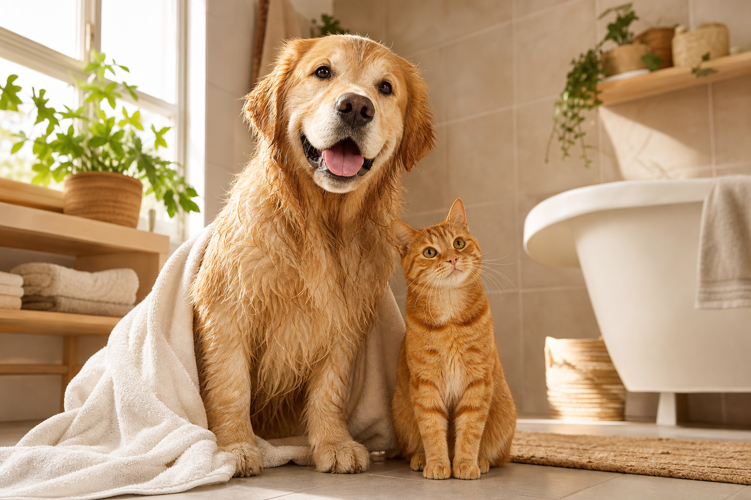 A golden retriever and a ginger cat after a calm at-home bath